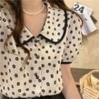 Short-sleeve Collared Floral Print Blouse White - One Size