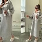 Bishop-sleeve Open-placket Long Sweatshirt Dress Gray - One Size
