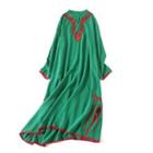 Long-sleeve Embroidered Trim Midi A-line Dress Green - One Size