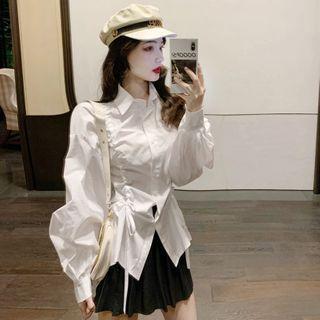 Puff-sleeve Drawstring Plain Shirt