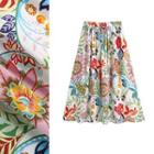 Elastic Waist Floral Print A-line Maxi Skirt