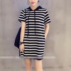 Short-sleeve Hooded Striped Top Black - One Size