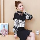 Puff-sleeve Animal Print Panel Ruffled A-line Dress