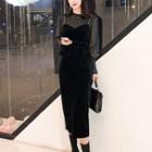 Set: Mock-neck Log-sleeve Top + Velvet Spaghetti Strap Midi Sheath Dress