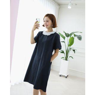 Contrast-collar Linen Shift Dress Navy Blue