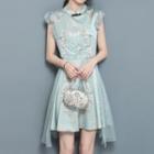Frilled Mandarin Collar Short-sleeve A-line Dress