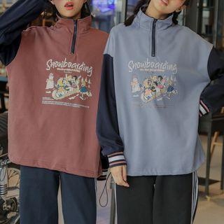 Color Block Cartoon Printed Zip Placket Sweatshirt
