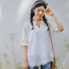 Open-placket Eyelet-lace Top