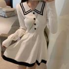 Long-sleeve Collared Knit Mini A-line Dress White - One Size