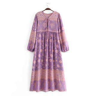 Long-sleeve Floral Tie-strap Midi A-line Dress