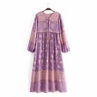 Long-sleeve Floral Tie-strap Midi A-line Dress
