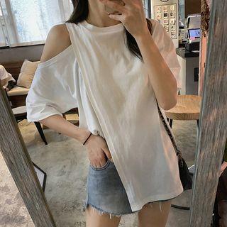 Elbow-sleeve Cold Shoulder Asymmetric T-shirt