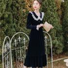 Lace Trim Velvet Long-sleeve Midi A-line Dress