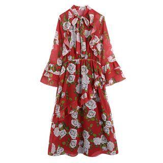 Flared-sleeve Floral Midi A-line Dress