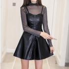 Set: Mock-neck Long-sleeve Mesh Top + Faux-leather Spaghetti Strap A-line Dress