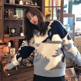 Color Panel Round-neck Long-sleeve Sweater Blue & White - One Size
