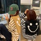 Round-neck Striped Top + Smiling Face Knit Shawl