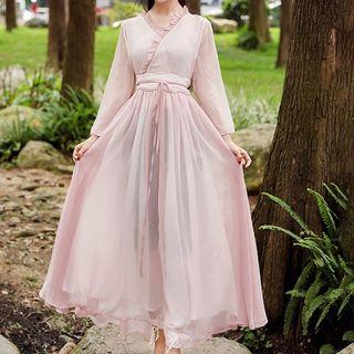 Traditional Chinese Long-sleeve Frill Trim A-line Maxi Chiffon Dress