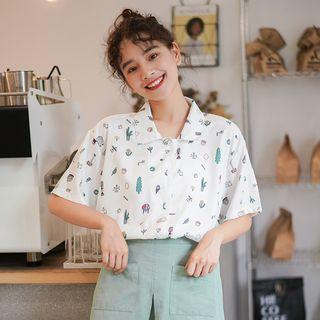 Elbow-sleeve Cartoon Printed Chiffon Shirt White - One Size