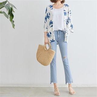 3/4-sleeve Open-front Floral Cardigan