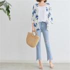 3/4-sleeve Open-front Floral Cardigan
