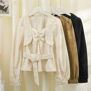 Ruched V-neck Blouse With Belt