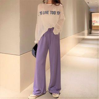 Set: Loose-fit Long Sleeve Lettering T-shirt + Wide-leg Pants