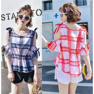 Set Of 3: Plaid Cover-up + Swim Shorts + Bikini Top