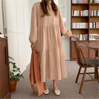Round-neck Tiered-hem Corduroy Dress