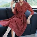 Side Tie Dotted 3/4-sleeve A-line Midi Dress