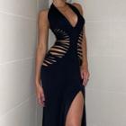 Halter-neck Cutout Slit-hem Maxi Dress
