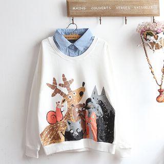 Mock Two-piece Long-sleeve Animal Print Top