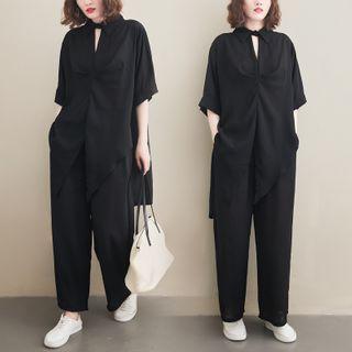 Set: Short-sleeve Twisted Blouse + Harem Pants Blouse - Black - One Size / Pants - Black - One Size
