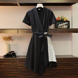 Short-sleeve Tie-front Paneled A-line Dress