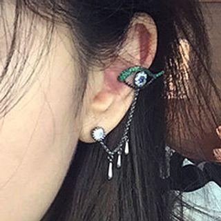 Eye Rhinestone Chained Cuff Earring 1 Pc - Left Side - Green & Blue & Blue - One Size