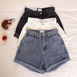 Roll-up High-waist Denim A-line Shorts