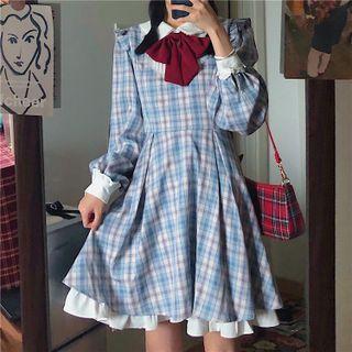 Long-sleeve Bow-neck Plaid A-line Dress