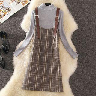 Set: Mock-neck Long-sleeve Knit Top + Plaid Pinafore Dress