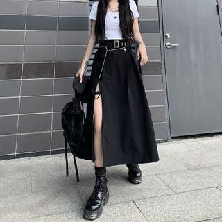 Set: High Waist Slit Midi A-line Skirt + Belt + Skirt Chain