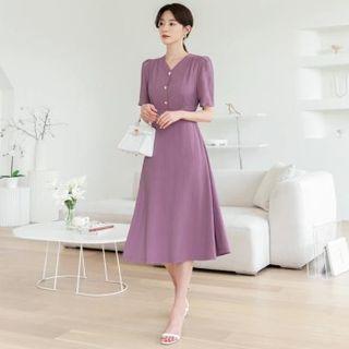 V-neck Faux-pearl Long Flared Dress