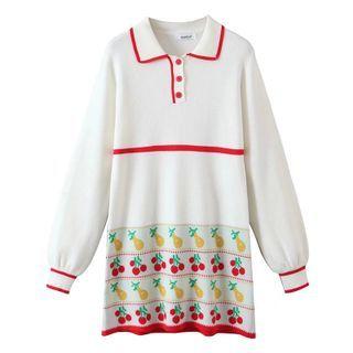 Polo-neck Print Knit Mini A-line Dress White - One Size