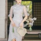 Puff-sleeve Floral Embroidered Fringed Trim A-line Dress