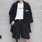 Set: 3/4-sleeve Loose-fit Striped Blazer + Shorts