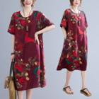 Short-sleeve Floral Print A-line Dress Red Flower - Purple - One Size