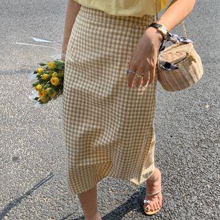 Gingham Slit-back Midi A-line Skirt
