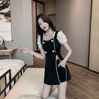 Set: Puff-sleeve Double-breasted A-line Dress + Shorts