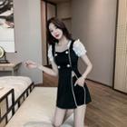 Set: Puff-sleeve Double-breasted A-line Dress + Shorts