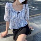 Short-sleeve Floral Printed Square-neck Top