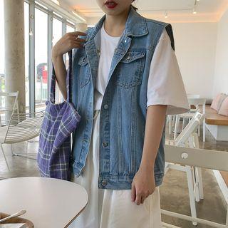 Removable Hooded Sleeveless Denim Button Jacket Blue - One Size