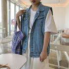 Removable Hooded Sleeveless Denim Button Jacket Blue - One Size